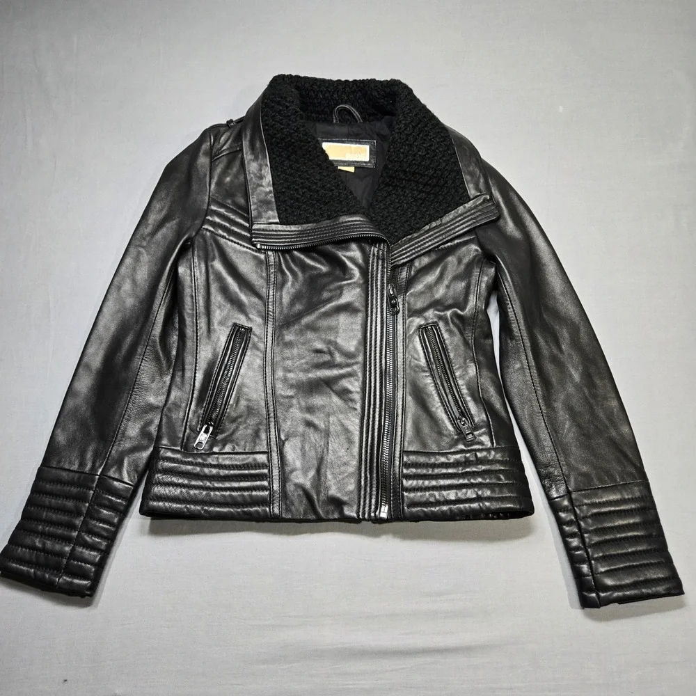 Michael Kors Real Leather Moto Jacket Small Black Asymmetrical‎ Knit Collar Punk
